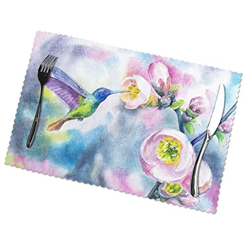 Hummingbirds With Flowers Spring Placemats Set Of 6 Washable Table Non-Slip Place Mat For Dining Table 12 X 18 Inches #TOP9