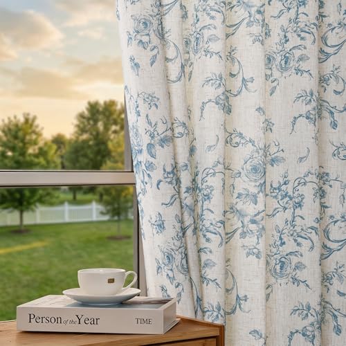 XWZO Linen Floral Curtains Blue Flower Patterned Curtains for Living