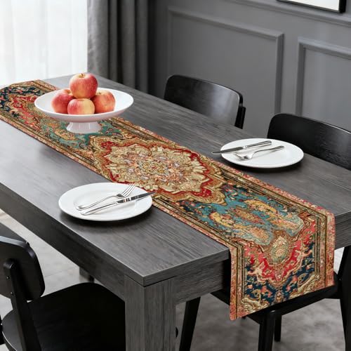 Image of Nuxovilar Ornate Persian Flax Table Runner 13x72 in | Persian Floral Table Runner for Elegant Dinners, Artistic Gatherings, Luxury Decor