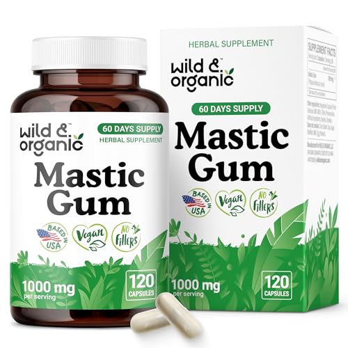 Wild & Organic Mastic Gum Capsules - 1000 mg Mastic Gum Resin Supplement for Gut Support - 2 Month Supply - 120 Vegan Capsules - No Fillers, Non-GMO, Gluten-Free