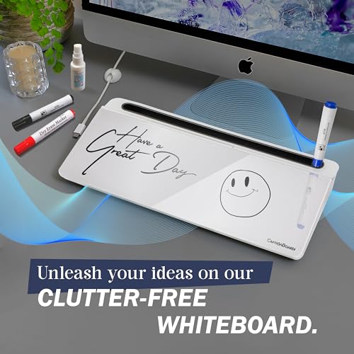 Image of 15-Inch Desktop Whiteboard - Glass Dry Erase Board for Desk Whiteboard with Stand with 3 Markers, Spray Bottle, 3 Cable Holders & Storage Box Work from Home Office Gadgets, White