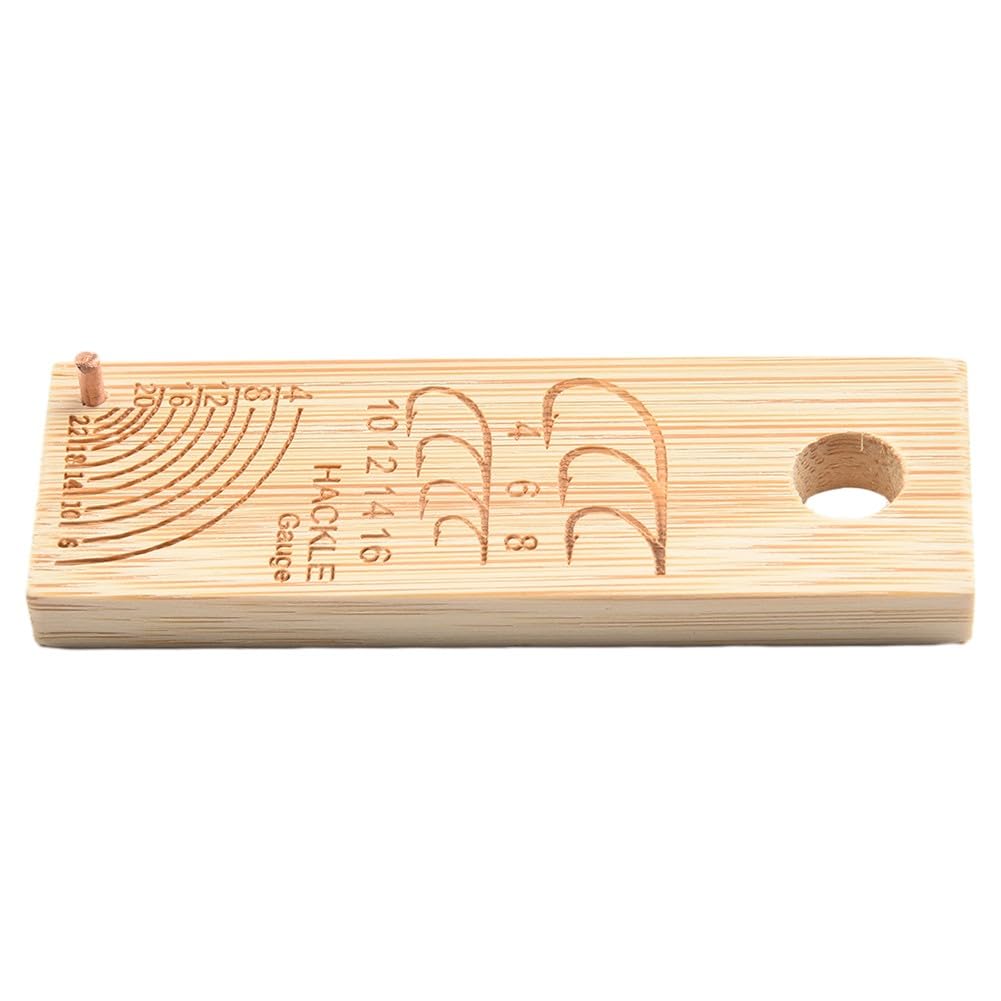 Calibro per pesca a mosca, strumento di misurazione per ami di dimensioni 4-16 e hackle misure 4-22, accessorio da pesca in legno con design girevole, 76 x 25 mm