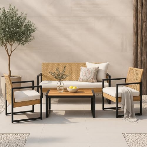 casa.pro Muebles de Terraza 4 Piezas - 1 Mesa Rectangular 1 Sofá de Plazas 2 Sillas con Reposabrazos y Cojines - Conjunto de Muebles de Jardin Exterior Acero/Madera/Ratán - Natural y Negro