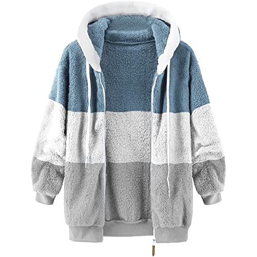 Fuzzy Fleece Jackets for Women Plus Size Hoodies Fall Winter Coats Color Block Patchwork Cardigan Coat with Pockets