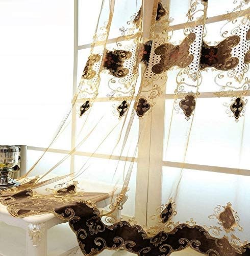 TIYANA 1 Panel Brown Sheer Curtain Panel for Living Room Luxury Design Delicate Embroidery Rod Pocket Top 39 inch Wide by 84 inch Long