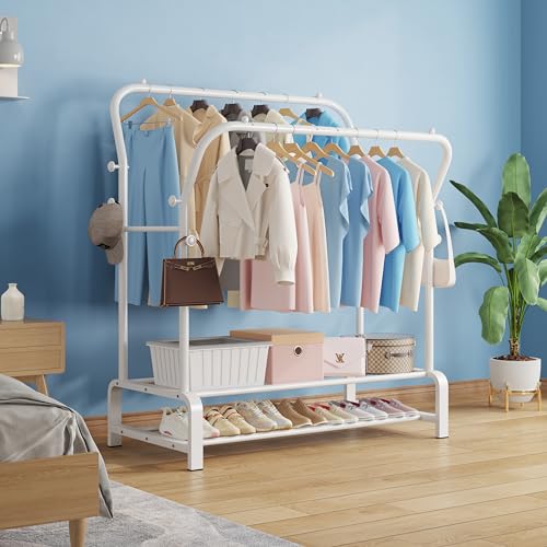 SMILOVII Kleiderständer, Multifunktional Garderobenständer, Freistehender Doppelruten Kleiderbügel für schlafzimmer Kleiderständer, Stabil Kleiderstange mit 8 Haken und 2 Schuhregal metall, weiß