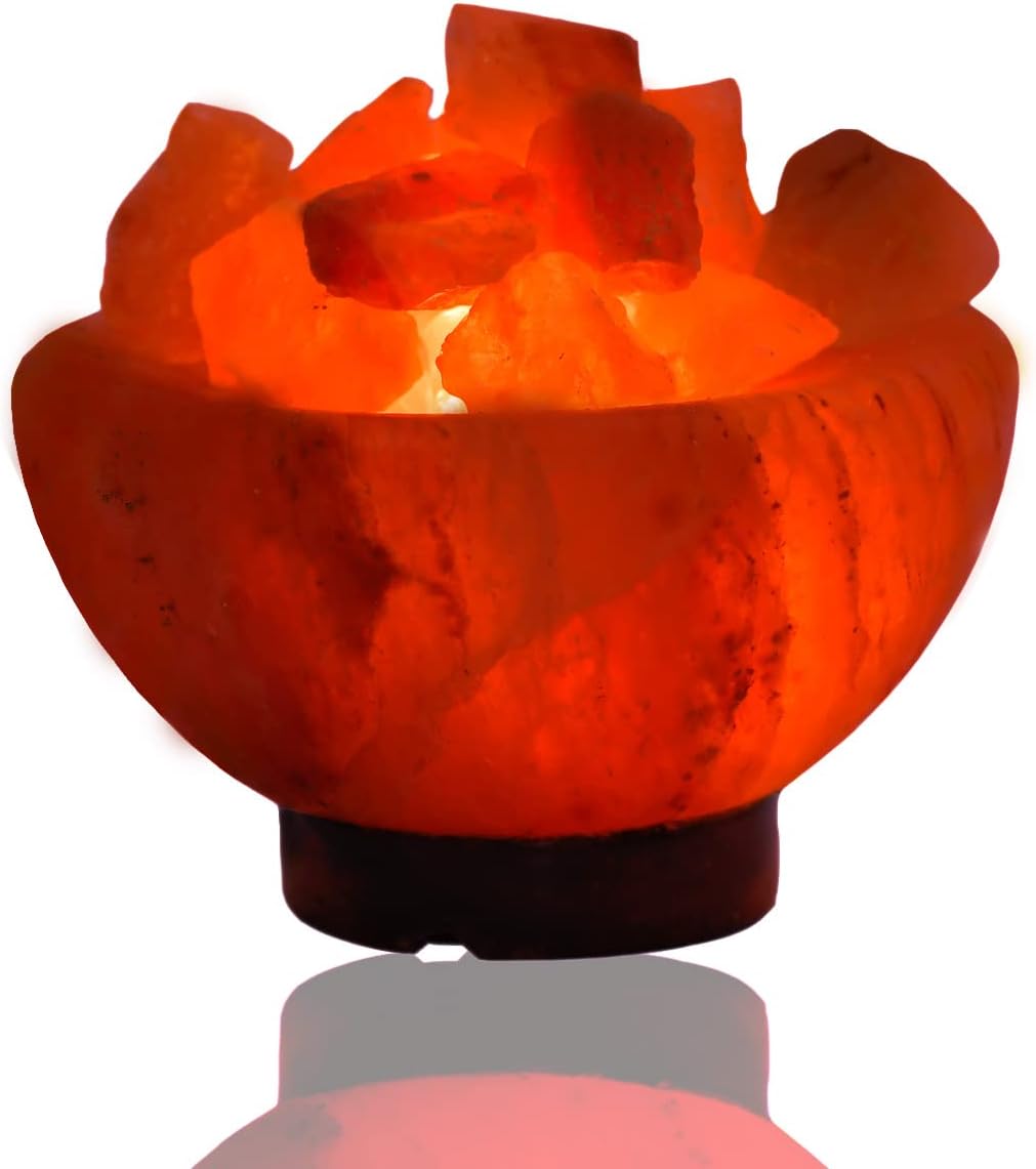 SRJ Himalayan Rock Salt Crystal Fire Bowl Shape with Wood Base, Wire and 2 Bulb, Rock Salt Vastu Lamp (Pink)