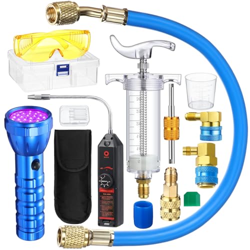 Tellegloww AC Leak Detector Kit R1234yf R134a R410a Hand Push Compressor 1oz/30ml Oil UV Dye Injector Kit Refrigerant Leak Detector Tool Low Side Quick Coupler Mini Split Adapter Glasses Flashlight