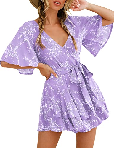 Sprime Women's Floral Print Summer Rompers Wrap V Neck Double Layered Ruffle Hem Jumpsuit Short Sleeve Waist Tie Romper #TOP1