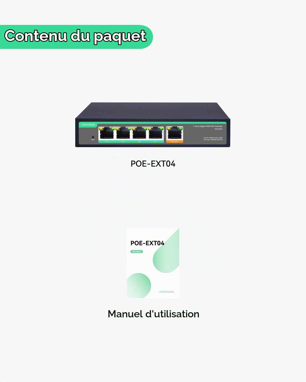LINOVISION Switch PoE Passthrough Gigabit 4 Ports et Extension PoE avec Entrée PoE++ 90W, Répéteur PoE IEEE802.3af/at/BT, Booster PoE 1 entrée/4 Sorties, Switch pour Caméras IP et Téléphones IP