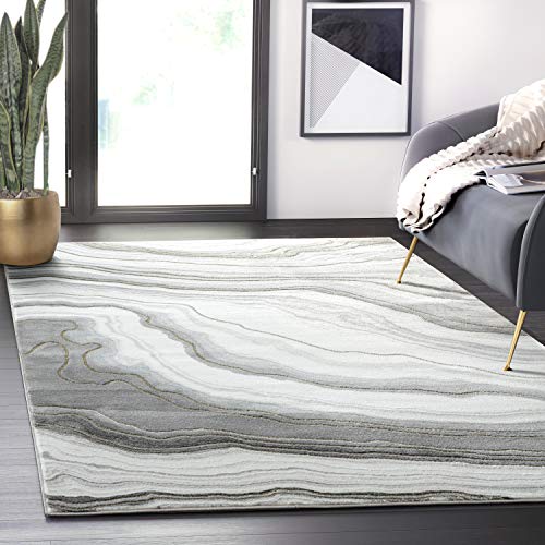 Abani Rugs Contemporary Grey & Gold Granite Area Rug - 6  x 9  Marble Swirl Grayscale Non-Shedding Dining Room Rug