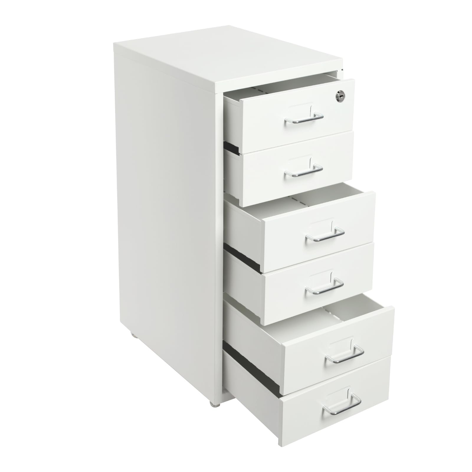 Cassettiera in metallo bianco con 6 cassetti, serratura e ruote | Cassettiera da ufficio con rotelle, mobile salvaspazio, mobile per uso commerciale e domestico
