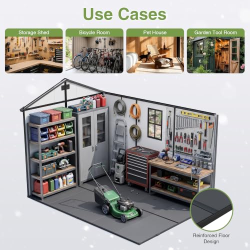 Image of Greesum 8x10FT Resin Outdoor Storage Shed with Floor and Windows, All Weather Plastic Shed with Lockable Door & Vents for Garden, Backyard, Lawn, Light Gray