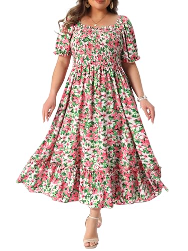 Image of Agnes Orinda Plus Size Dress for Women Short Sleeve Shirred Square Neck Floral Maxi Long Dresses