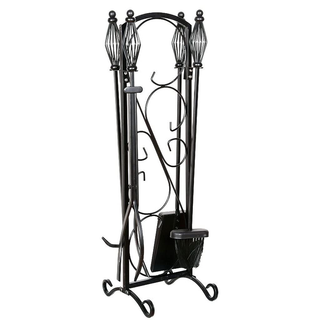 Set di 5 attrezzi per camino, accessori per camino, pinze, attizzatoio, base in metallo, pala e spazzola, adatto per stufe a legna per interni, decorazione in ferro battuto