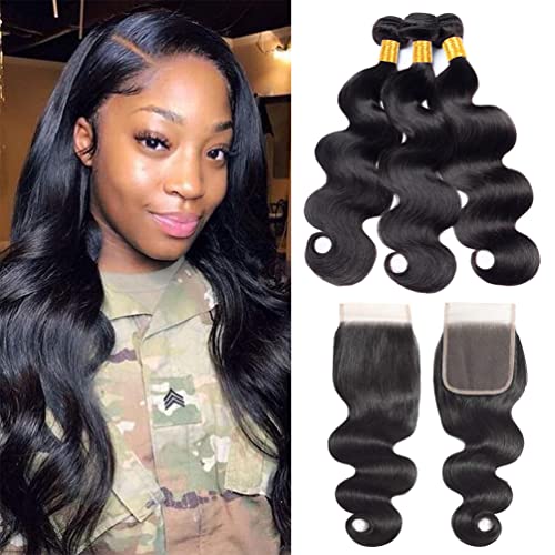 Body Wave 3 Bundles with Closure(18/20/22+16 inch)100% 9A Brazilian Virgin Human Hair Bundles With Free Part Lace Closure 4x4 Natural Black Color…