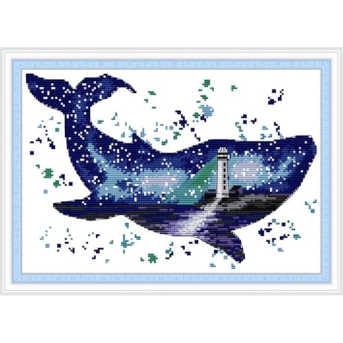 Image of Dolphin Stamped Cross Stitch Kits for Adults, 11CT Pre printed fabric Crossstitching Kits, Embroidery Kits for Beginners, DIY craft kit Home Decor - (The world of whales(11CT)17.72 x12.99 Inches)
