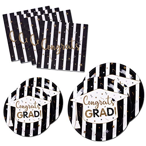 200PCS Graduation Party Supplies Paper Plates and Napkins Bulk for 50 Guests Dessert Round Disposable Plates Black Gold Tableware Set (for Graduation)