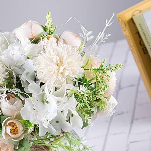 Artificial LED White Rose Flowers with Glass Vase, Remote Control Led Light, Flower Arrangement for Table Centerpiece, Home Office Wedding Decoration