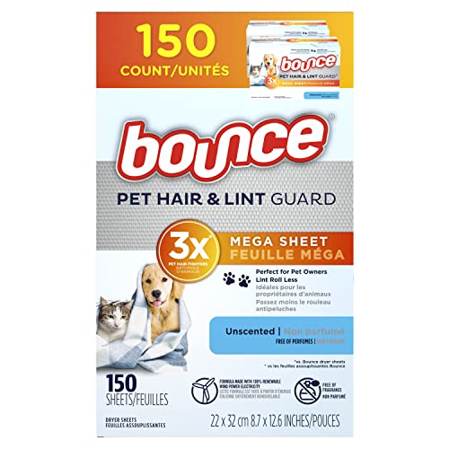 Bounce Pet Hair And Lint Guard Mega Fabric Softener Dryer Sheets With 3X Pet Hair Fighters, Unscented, 150 Count #TOP1