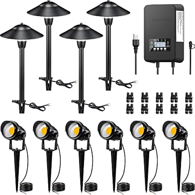 SUNVIE LED Landscape Lighting Kit Low Voltage Landscape Lights with Transformer Low Voltage Pathway Lights Aluminum Landscape Spotlights Path Lights with Connectors for Yard House Garden Tree