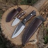 Hotsteel Blades High Carbon Steel Fixed Blade Hunting Knife With Damascus Neck Knife, Survival With Leather Sheath Along, Ideal For Skinning, Camping, Outdoor, EDC, Gift For Men