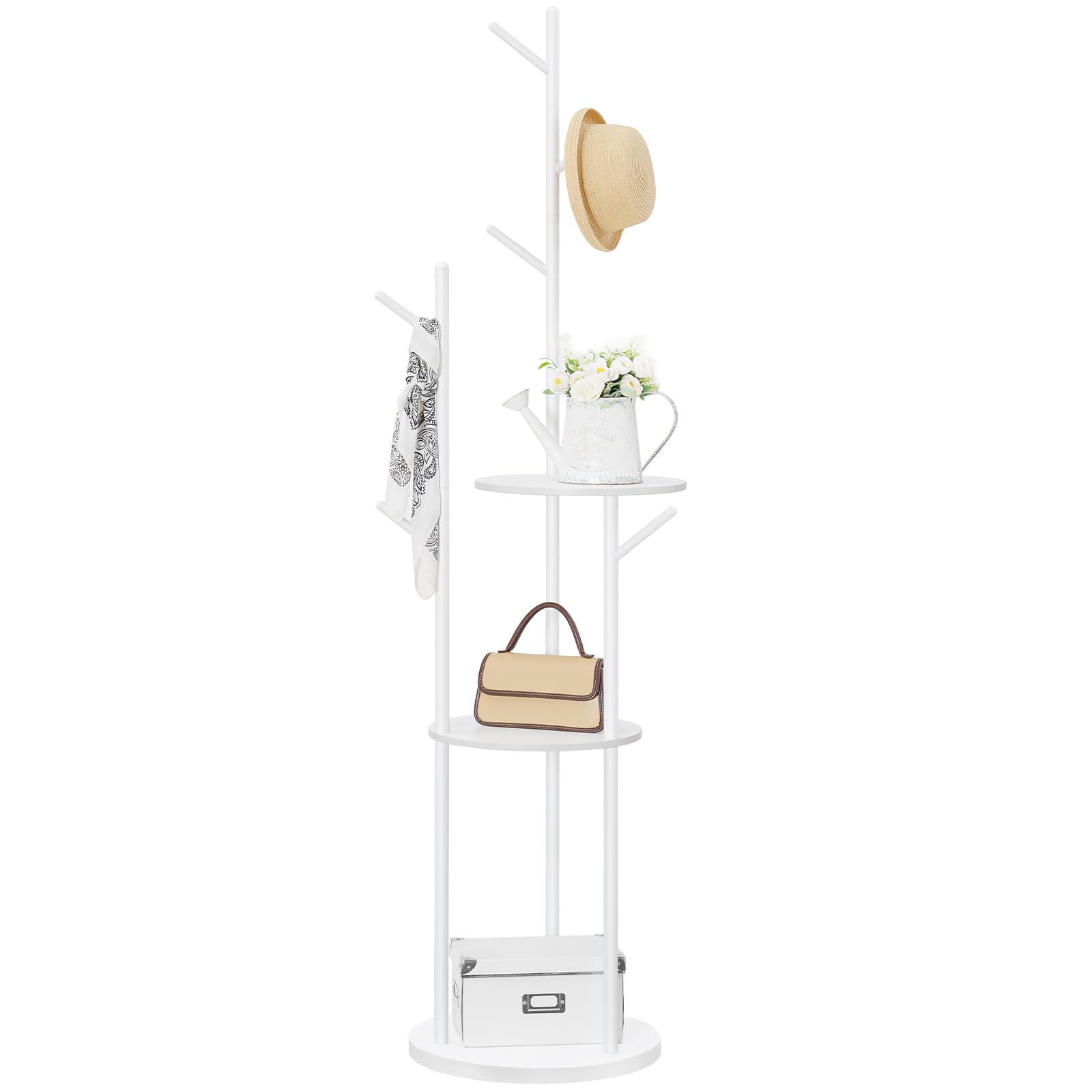HOOBRO Garderobenständer, Freistehender Kleiderständer, Garderobe in Baumform Garderobenständer mit 6 Haken und 3 Regalen, für Kleidung, Hut, Wohnzimmer, Schlafzimmer, Weiß EWT36YM01
