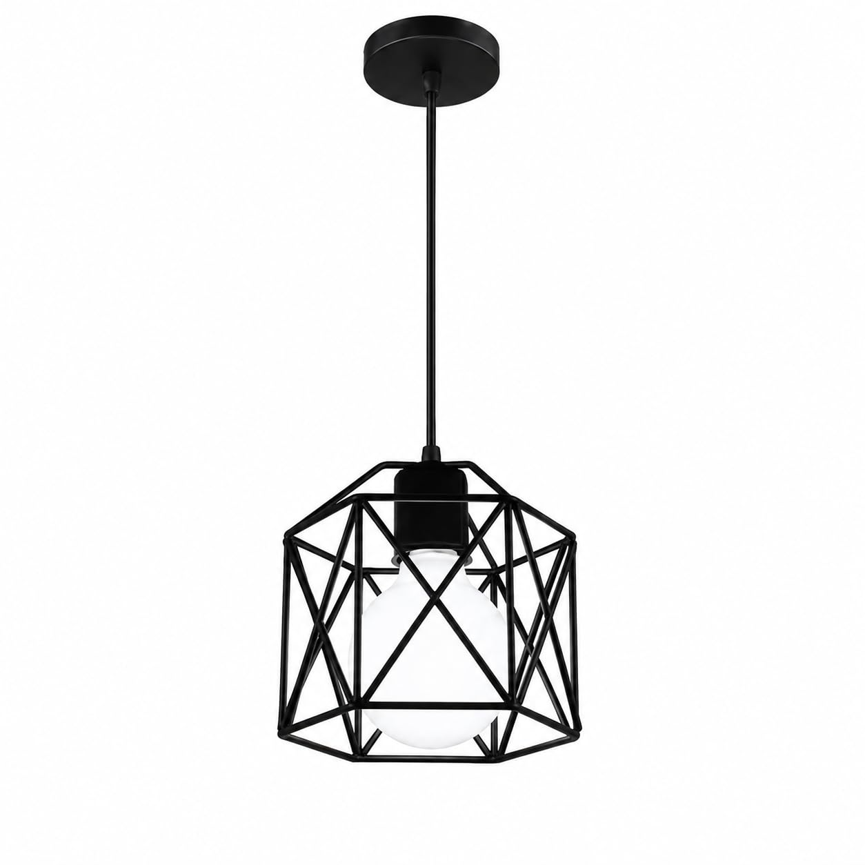 ESIYUVO ndustrial Pendant Light, Modern Geometric Cage Hanging Lamp with Black Metal Frame and E27 Socket, Adjustable 47.2 Inch Cable Hanging Fixture for Kitchen Island, Dining Room
