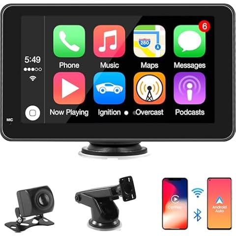 Apple Carplay Screen for Car, 7 Inch Portable Touch Screen Car Stereo with Wireless Carplay & Android Auto, Backup Camera, GPS Navigation, Bluetooth, Mirror Link, TF Card Cover