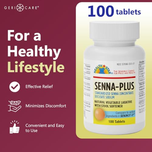 GeriCare Senna Plus Natural Vegetable Laxative with Stool Softener, Docusate Sodium 50mg, Sennosides 8.6mg 100 Count (Pack of 1) - Thumbnail 4