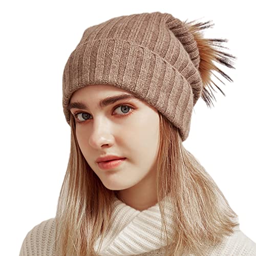100% Pure Cashmere Pom Ribbed Beanie Hat For Women, Fashion Soft Beanie Hat With Gift Box, Valentine's Day Gift #TOP6