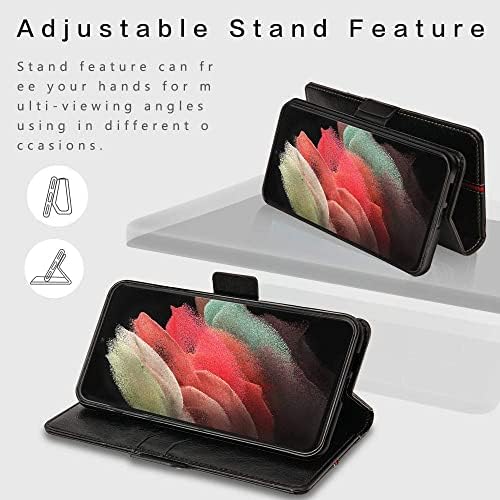 Samsung Galaxy S21 Ultra 5G Phone Case, Magnetic Flip Leather Wallet Book Full Protection Galaxy S21 Ultra Case, Thin TPU Bumper Silicone Folio Stand Cover, Shockproof Case for Samsung S21 Ultra Black