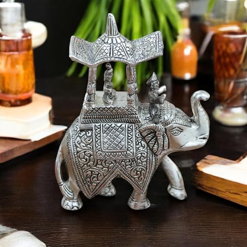 Image of KridayKraft Handcrafted Metal Elepant Kondapalli Maharaj Ambari Rajasthani Rajwadi Elephant Showpiece Statue, 24 Cm Height, 900 Gm Weight, Intricate Carvings, Silver