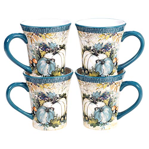 Harvest Gatherings 14 oz. Ceramic Fall Mugs, Set of 4 – Blue & White Pumpkin Coffee Cups – Rustic Autumn Drinkware for Tea, Cocoa, or Cider – Thanksgiving Decor, Farmhouse Kitchen, Hostess Gift