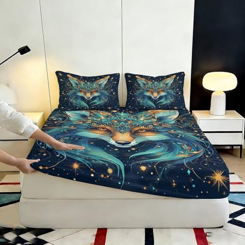 Drap-housse motif loup microfibre 3D avec bonnet profond antidérapant