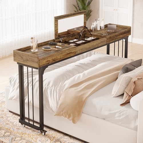 Tribesigns 78.8-Inch Large Over Bed Table with Wheels, Mobile Computer Desk Makeup Vanity Desk with Storage, Standing Laptop Cart, Overbed Makeup Table for Bedroom, Brown