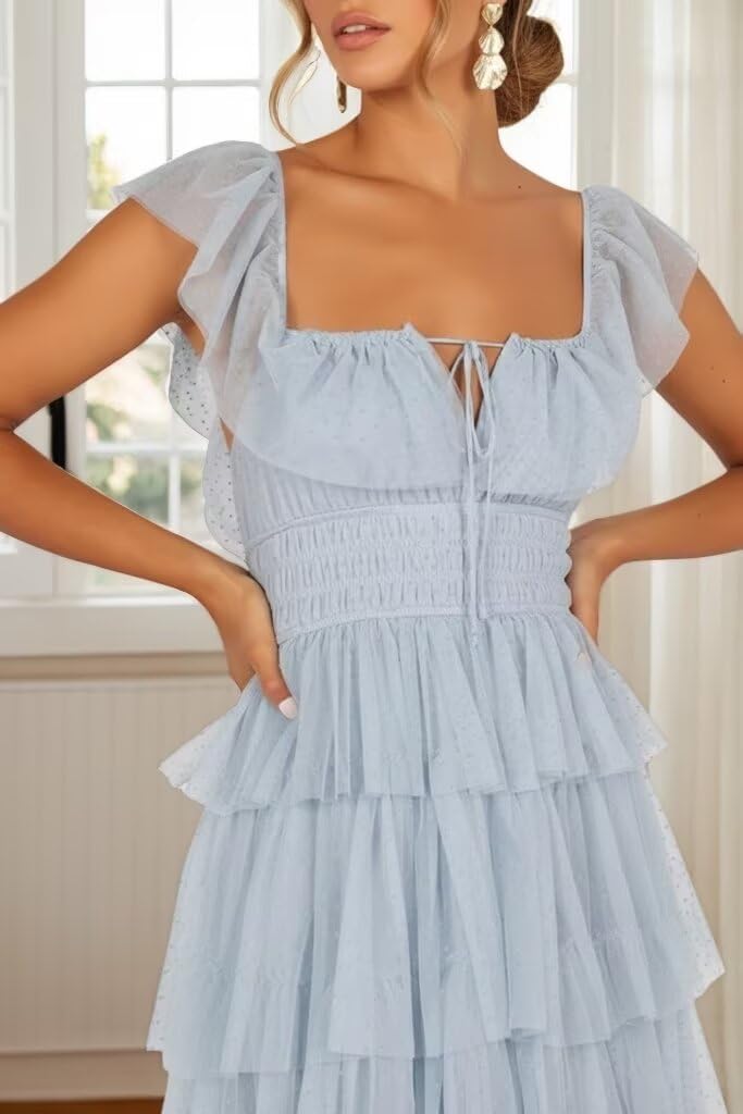 Tiered Tulle Ruffle Prom Dresses for Women Long Square Neck Bridesmaid Dress Spaghetti Straps Evening Gown with Tie