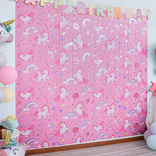 Bupelo Unicorn Foil Fringe Curtains, 2 Pack Unicorn Birthday Decorations for Girls, 3.3x6.6 ft Tinsel Metallic Streamers Holiday Photo Booth Props Backdrop, Pink