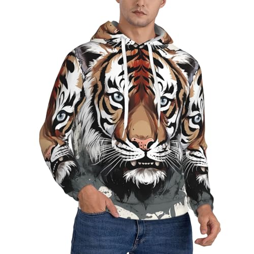 Men's Fleece Pullover Hoodie Long Sleeve Hooded Black and white doodle tiger Sweatshirt Casual Shirts With Pockets 3X-Large