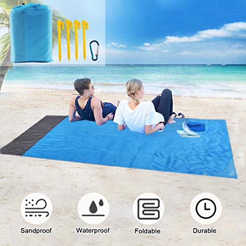 COPACHI Beach Blanket (82\" X 79\"), Sandfree Beach Mat Waterproof Picnic Blanket for 3-7 Adults Lightweight Portable Pocket Blanket Sand Proof Blanket for Travel, Camping, Hiking (Single Gray-Blue)