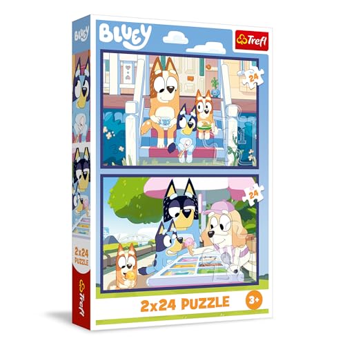 Trefl - Puzzle 2 en 1 : Bluey, Drôle de Bluey - 2 x 24 Pièces, Ensemble de Deux Puzzles pour Les Enfants à partir de 3 Ans