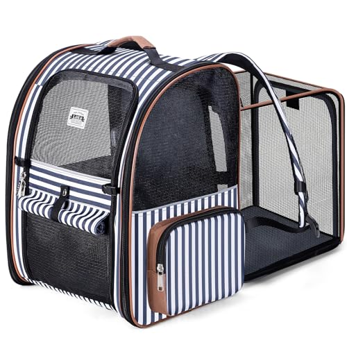 Lekespring Zaino per Cani Gatti Trasportino Espandibile,Grandi Pieghevole Cuccia Portatile con Imbracatura di Sicurezza e Tappetino per Animali Inclusi,Carico Massimo 10 KG,Strisce Blu XL