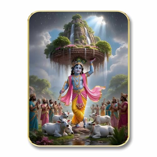 Image of SAF Lord Krishna Govardhan Leela Wall Art with Table Top Stand & Wall Hanging Hole | Premium MDF Religious Painting for Mandir Home Office Decor