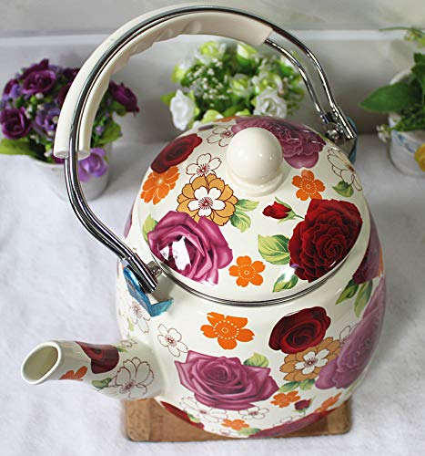 Floral Ceramic Enamel Teapot Tea Kettle For Stovetop,Large Porcelain Enameled Teakettle (White) (3.5L, White3) #TOP3