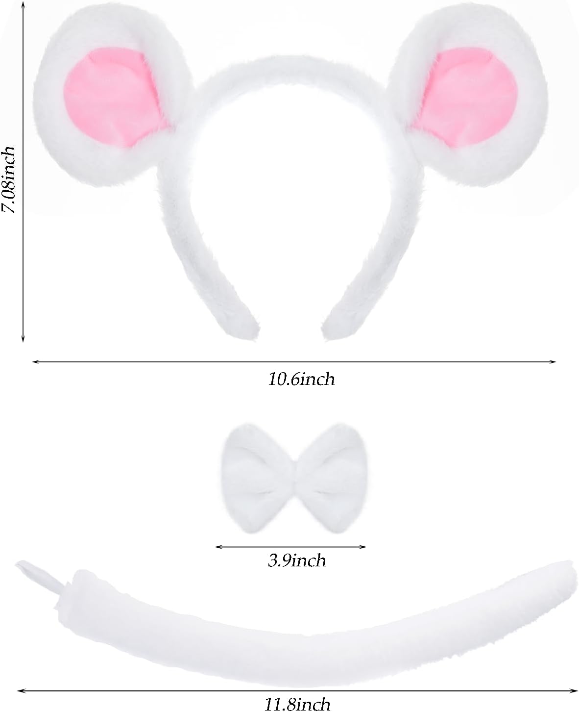 3Pcs Mouse Costume Ears Headband and Bow Tie Tail Set- White Mouse Headband Tail for Halloween Cosplay Theme Party - Image 2