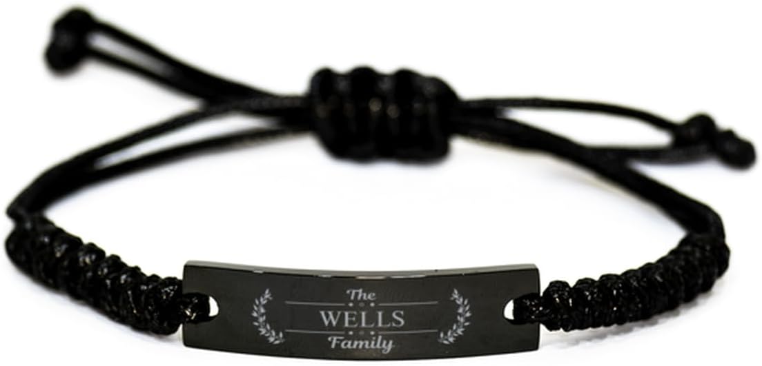 Wells Family Name Sign Black Rope Bracelet - Custom ID Plate Last Name Bracelet Birthday Christmas Gifts Idea For Friends Men Women, Engraved Adjustable