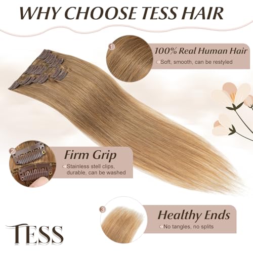 TESS Clip in Hair Extensions Real Human Hair Blonde Remy Seamless 8 Pieces Straight for Women/Girls (#27 Dark Blonde, 14 Inch 60g) - Image 3