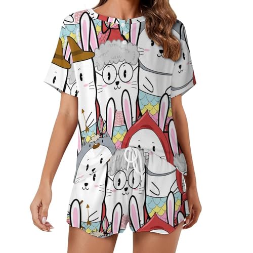 Pyjama femme manches courtes au motif de lapins mignon et léger