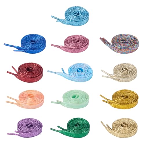 Crafans 13 pares de cordones de 117 cm de largo, con purpurina, 13 colores, cordones brillantes y extraños, cordones de poliéster planos de 11 mm de ancho, cordones de zapatos para tenis de adultos