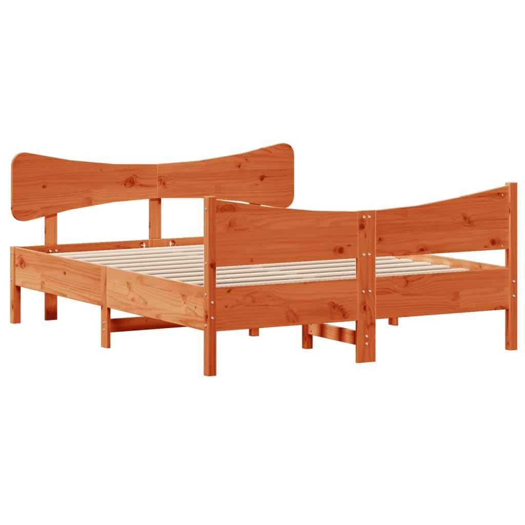 Lite drewno sosnowe rustykalny design 160 x 200 cm woskowy brąz | Rama łóżka bez materaca, woskowy brąz, 160x200 cm, lite drewno sosnowe, listwy ze sklejki, zagłówek i podnóżek